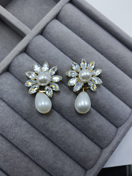 Crystal Flower Pearl Earrings