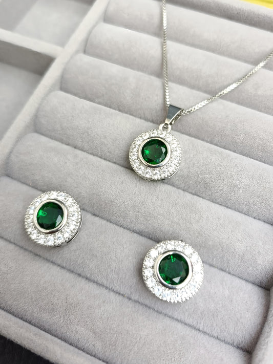 Round Green Emerald Necklace Set